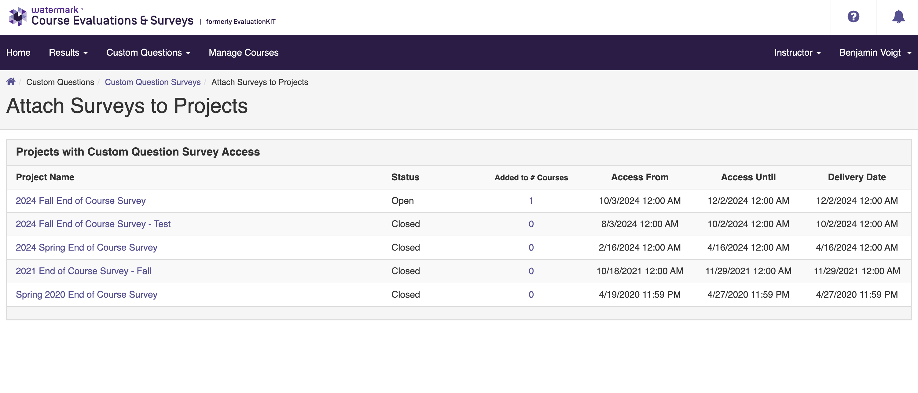 An image of EvalKit's interface for attaching a survey to a course.